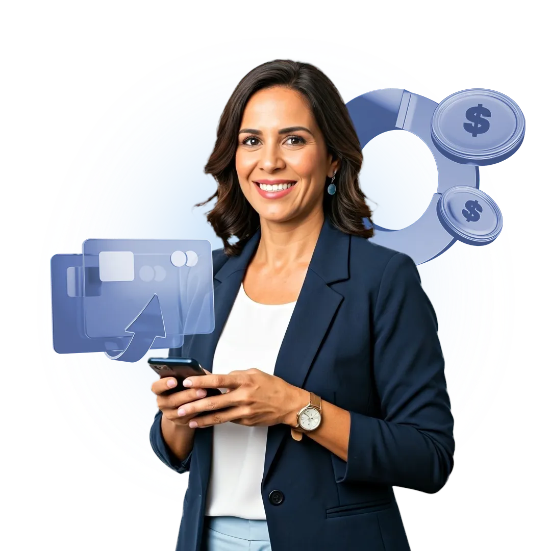 Assessora da GEN Capital sorrindo com smartphone